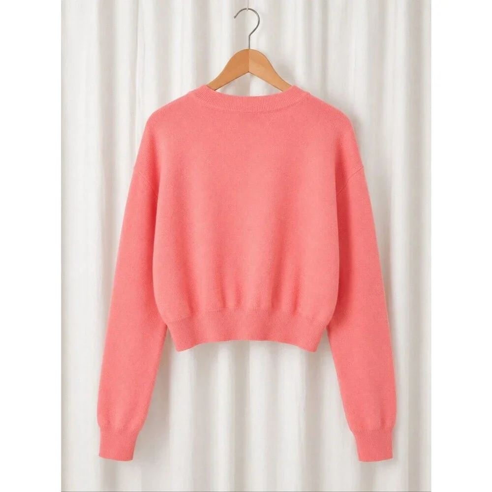 Cider Coral Pink Raised Red Squiggle Wave Cropped Trendy Pullover Knit Sweater